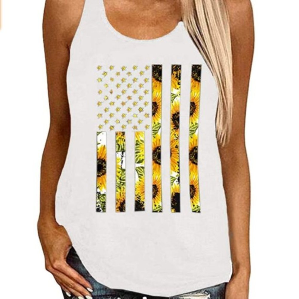 Women Sunflower American Flag Sleeveless Shirt Top